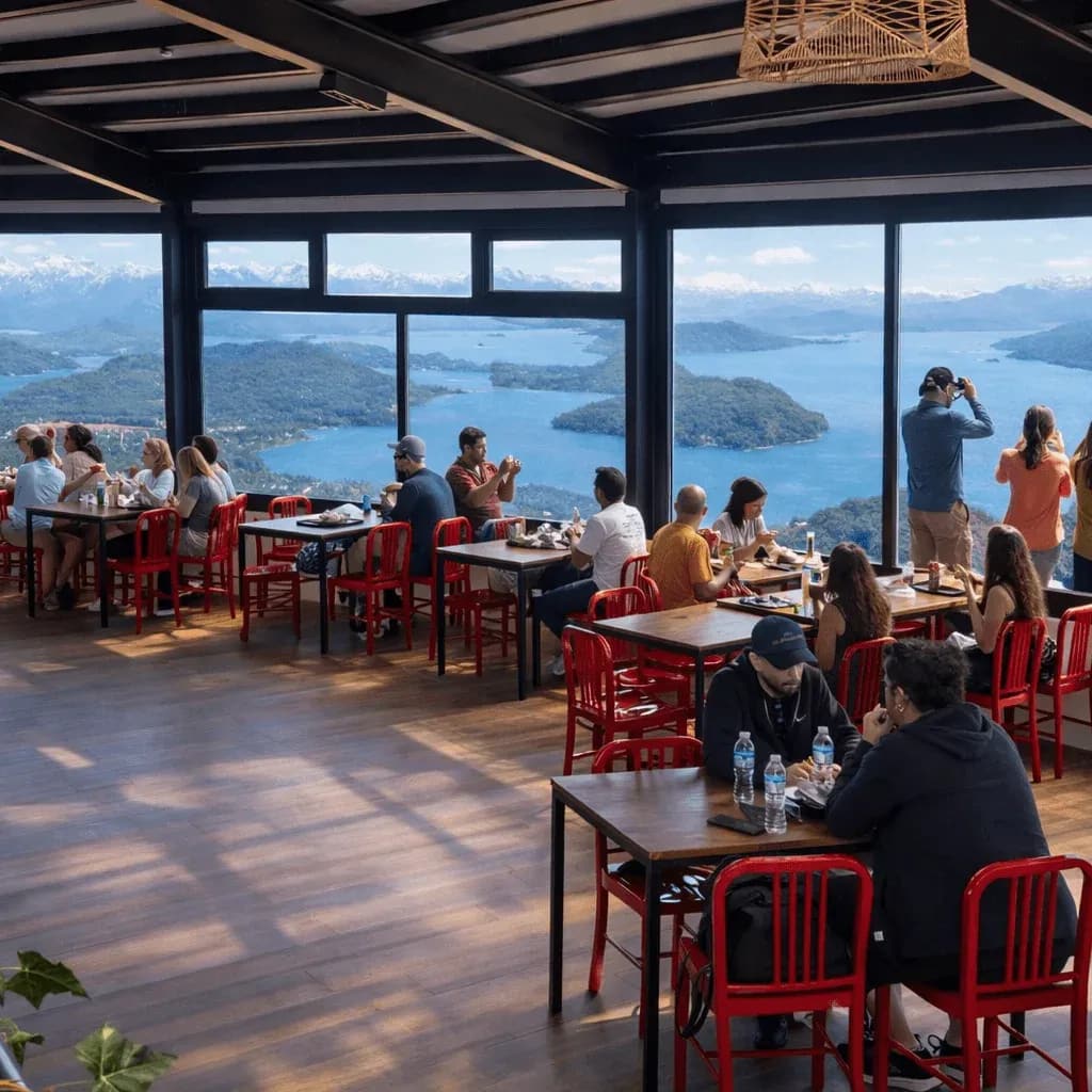 Praça de alimentação com pessoas comendo e admirando a vista panorâmica do Lago Nahuel Huapi.