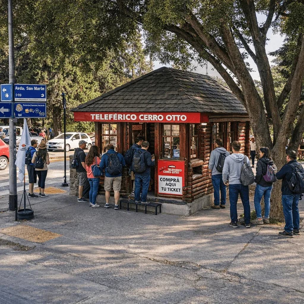Cabine de atendimento ao cliente do Teleférico Cerro Otto localizado na esquina da Avenida San Martín com a Calle Independencia.