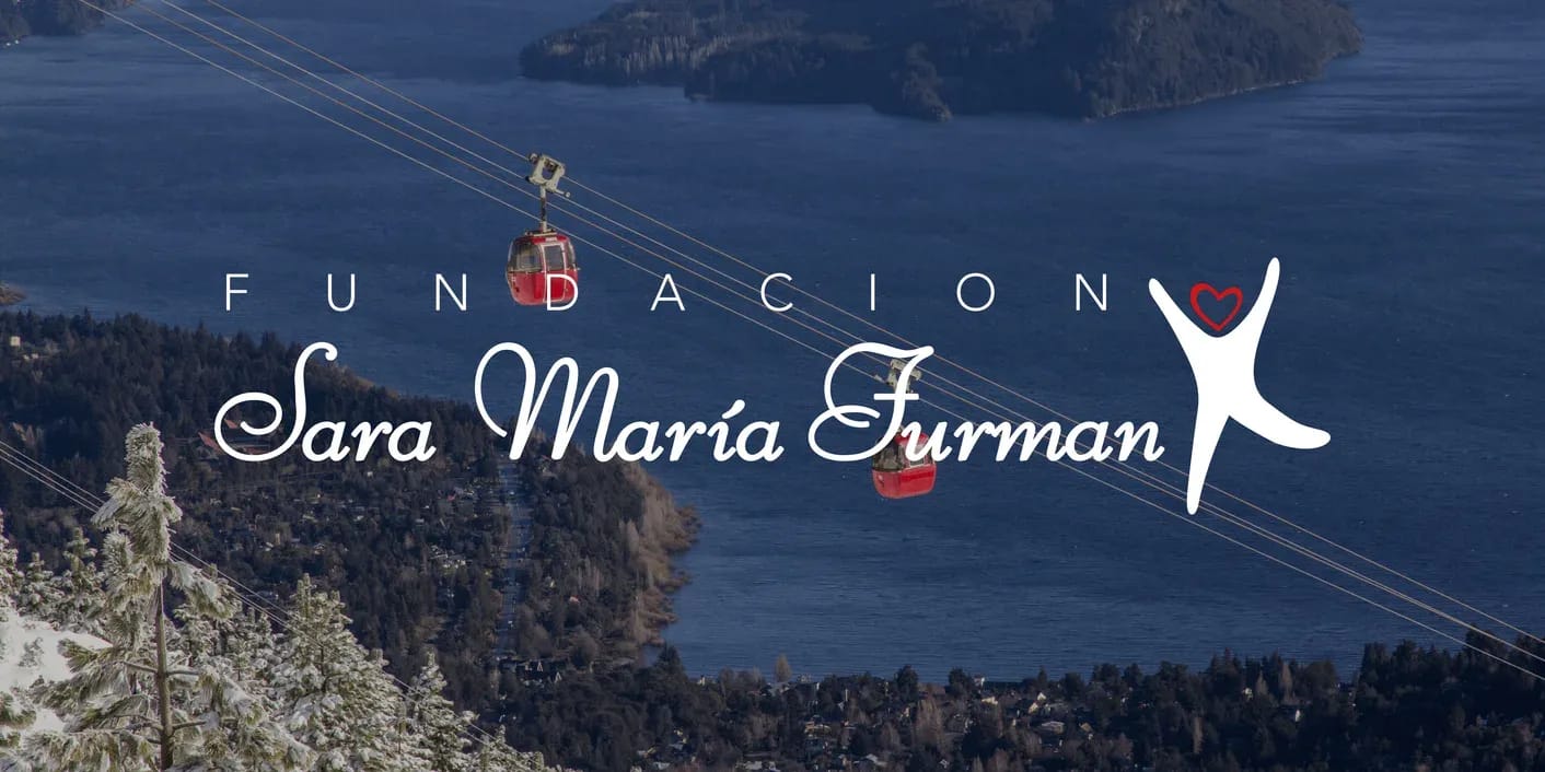Institutional image of two cable cars with Lake Nahuel Huapi in the background and the logo of the Sara María Furman Foundation above