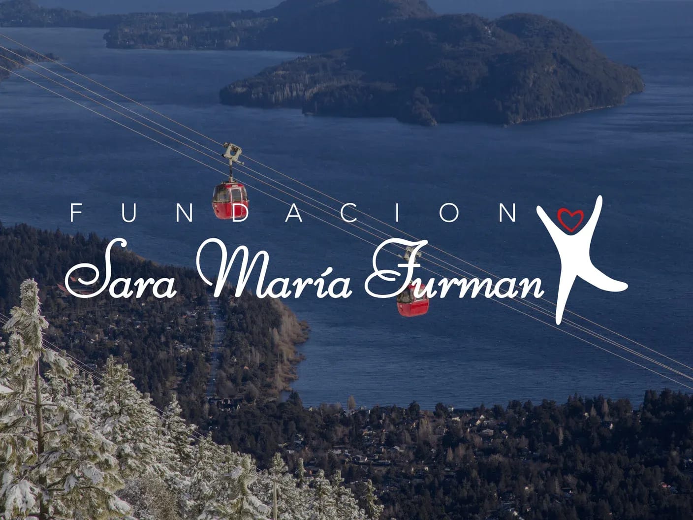 Institutional image of two cable cars with Lake Nahuel Huapi in the background and the logo of the Sara María Furman Foundation above