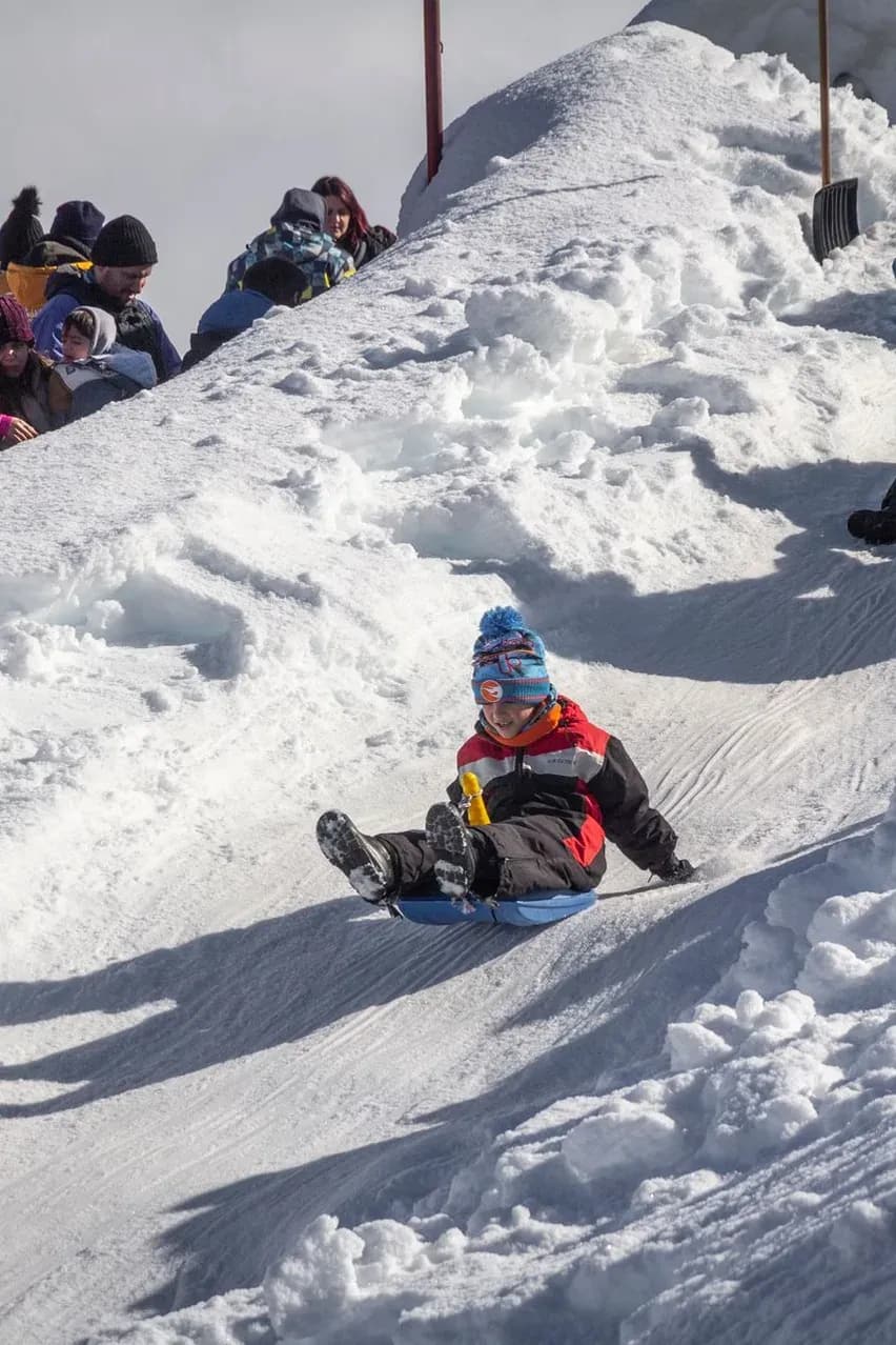 A child joyfully slides down a sloping snow track on a blue sled, while other visitors wait their turn at the top under a bright sky.