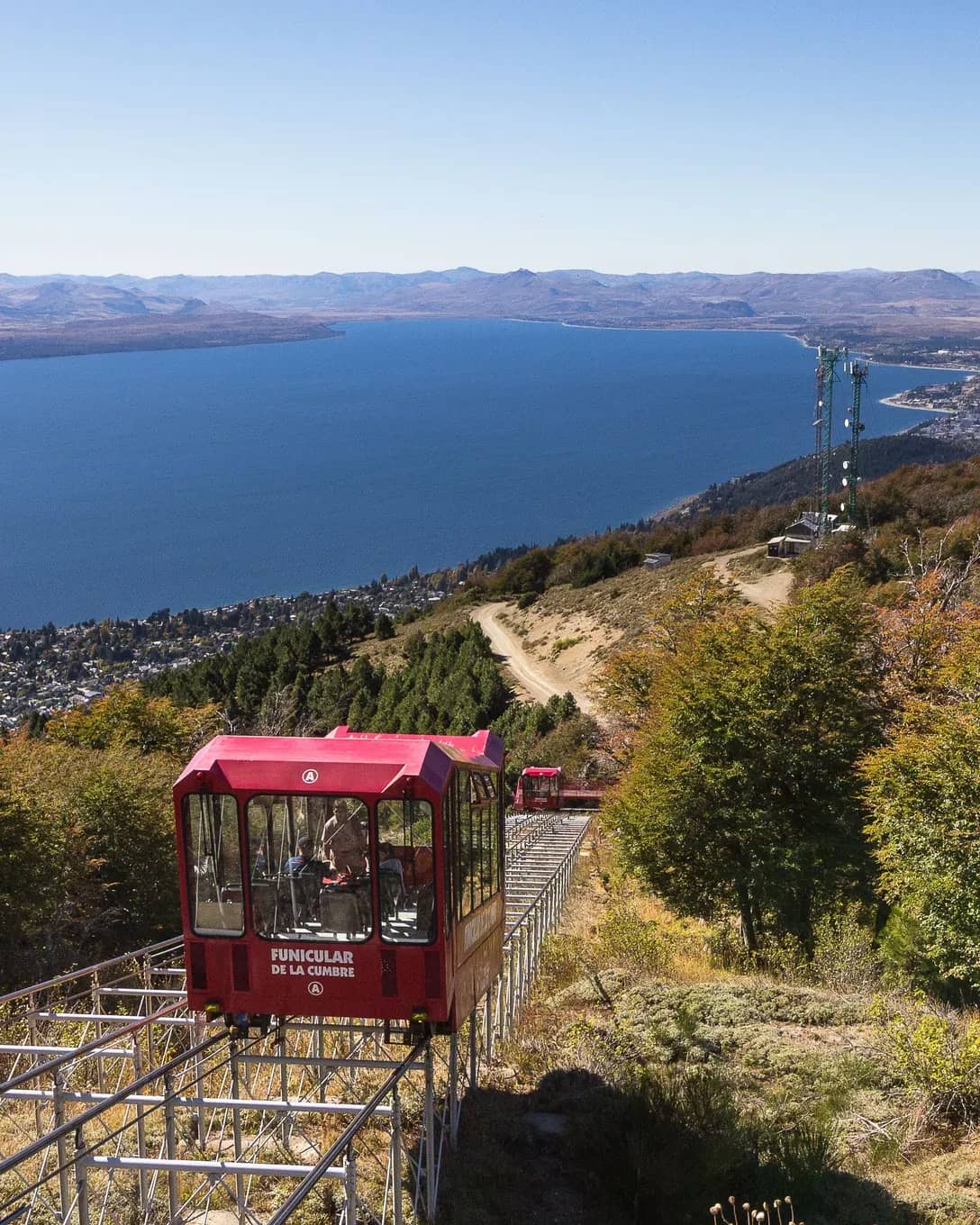 Front view of the funicular ascending with Lake Nahuel Huapi in the background