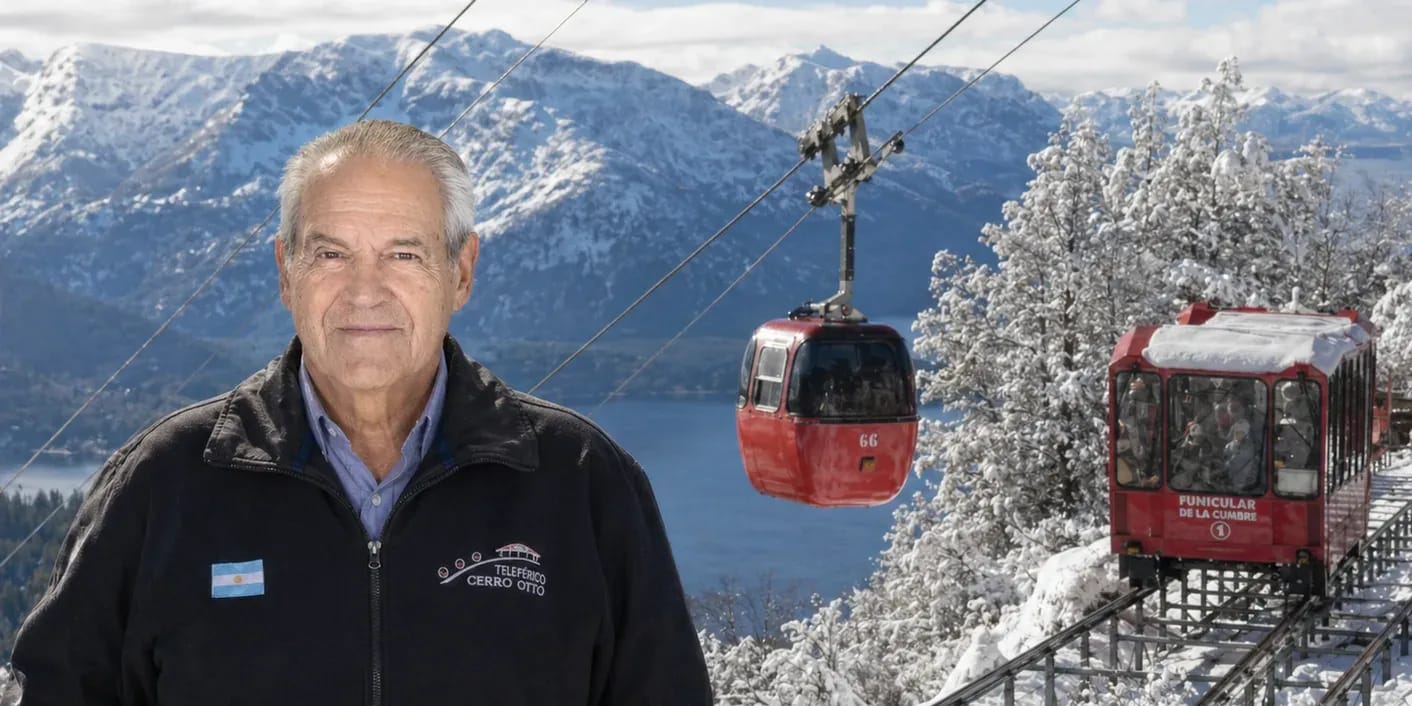 Executive Director of Teleférico Cerro Otto and President of the Fundación Sara María Furman, posing in the foreground with views of the lake and snow-capped mountains, accompanied by an aerial cable car cabin and the red summit funicular in operation.