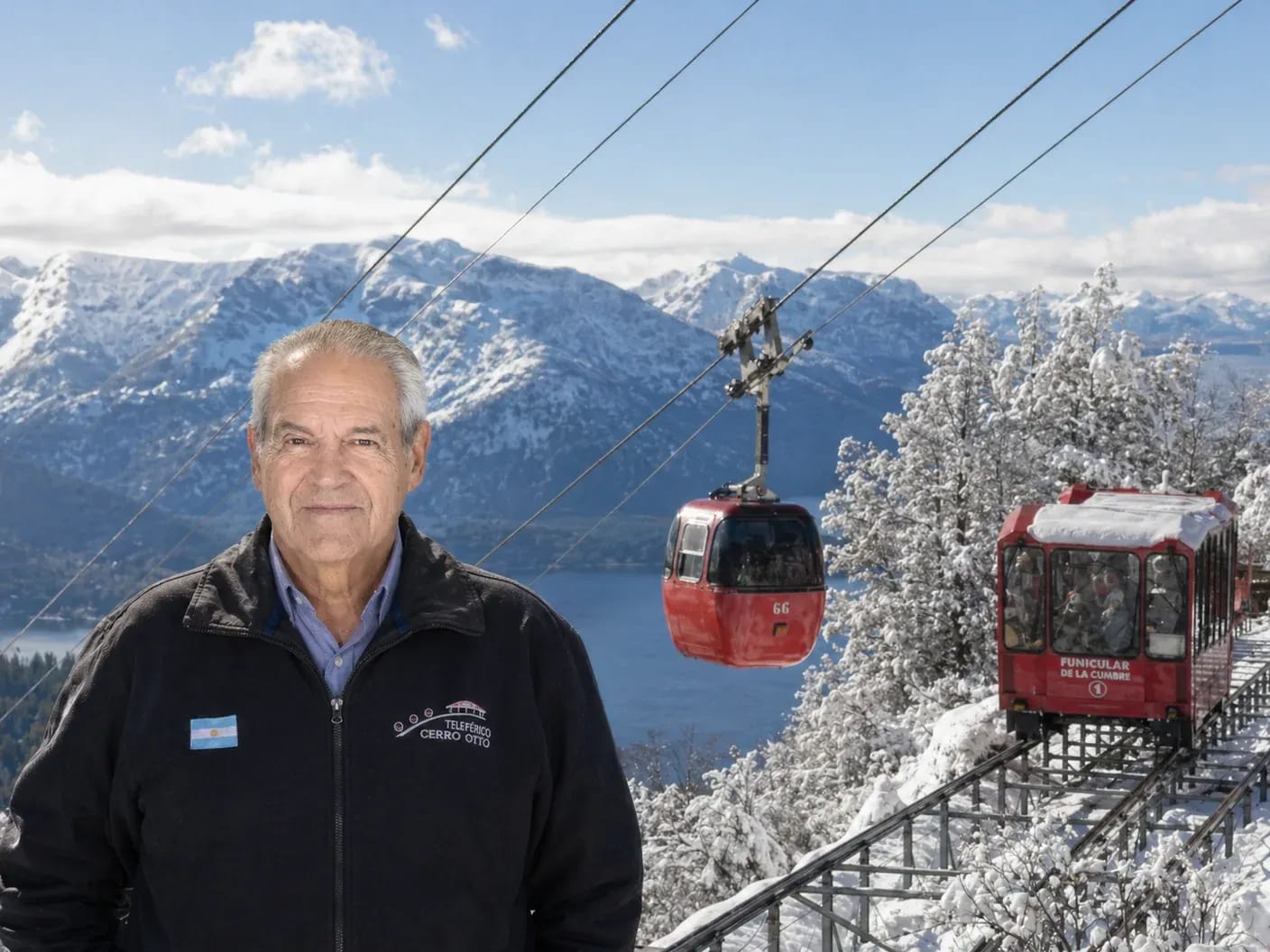 Executive Director of Teleférico Cerro Otto and President of the Fundación Sara María Furman, posing in the foreground with views of the lake and snow-capped mountains, accompanied by an aerial cable car cabin and the red summit funicular in operation.