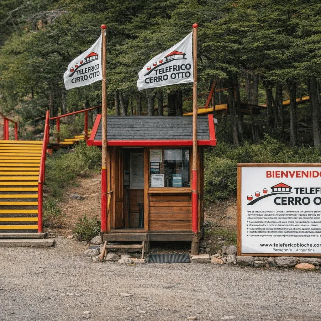 Entrance to the Teleférico Cerro Otto complex, with access booth, yellow staircase and institutional signage among the Patagonian forest.