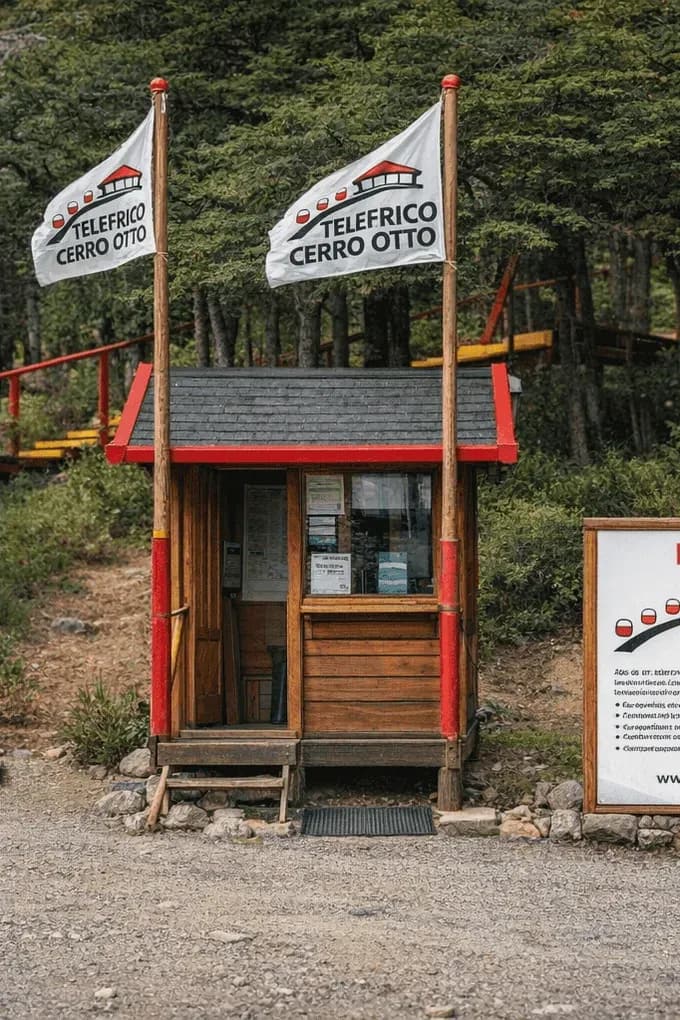 Entrance to the Teleférico Cerro Otto complex, with access booth, yellow staircase and institutional signage among the Patagonian forest.
