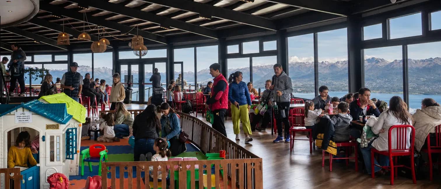 Praça de alimentação com pessoas comendo e admirando a vista panorâmica do Lago Nahuel Huapi.